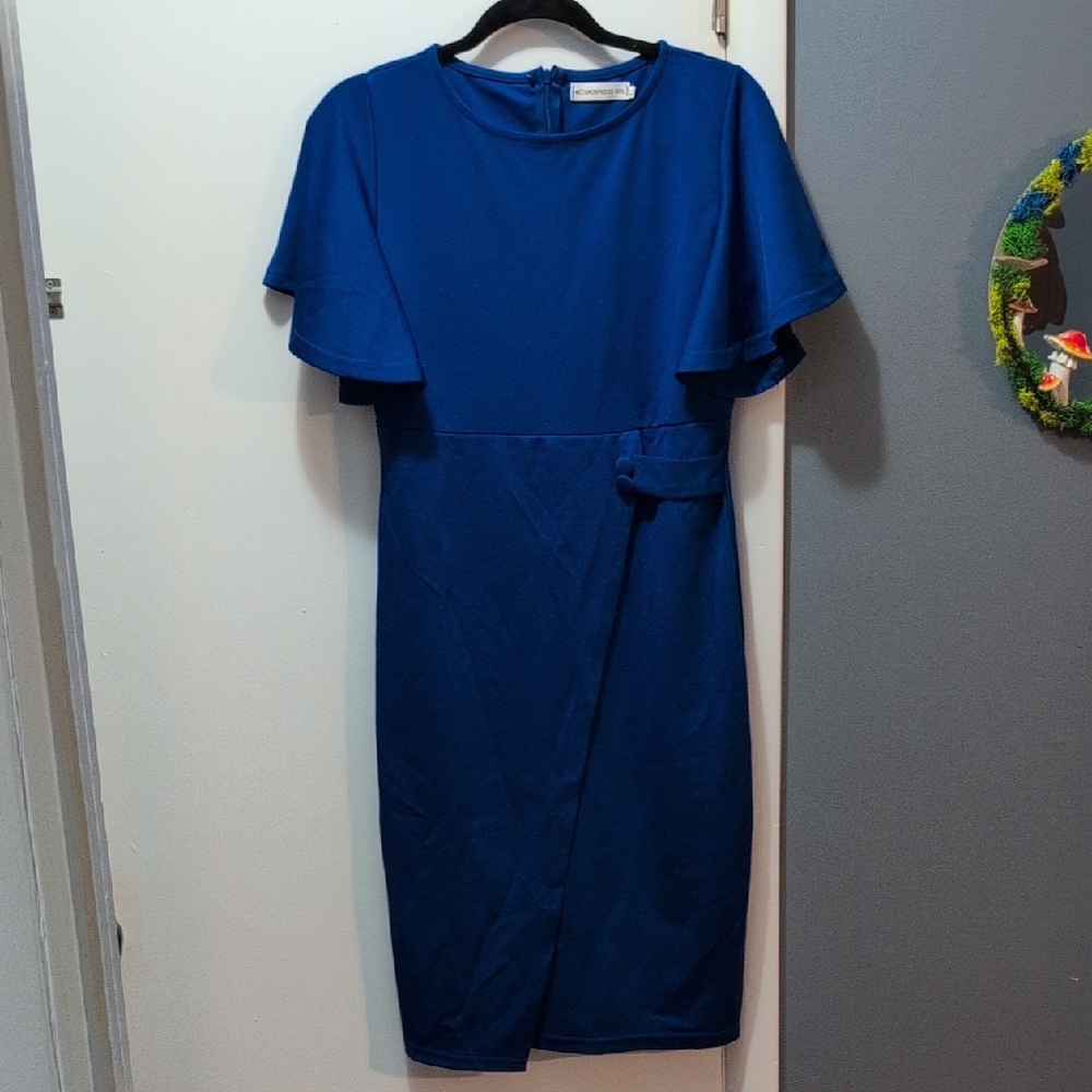 Blue Sheath Dress with Flutter Sleeves and Crew Neck